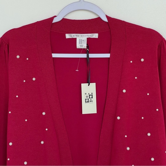 Max Studio Knit Cardigan Pearls Embellished Open Front Long Sleeves Red Ribbed - Picture 4 of 14